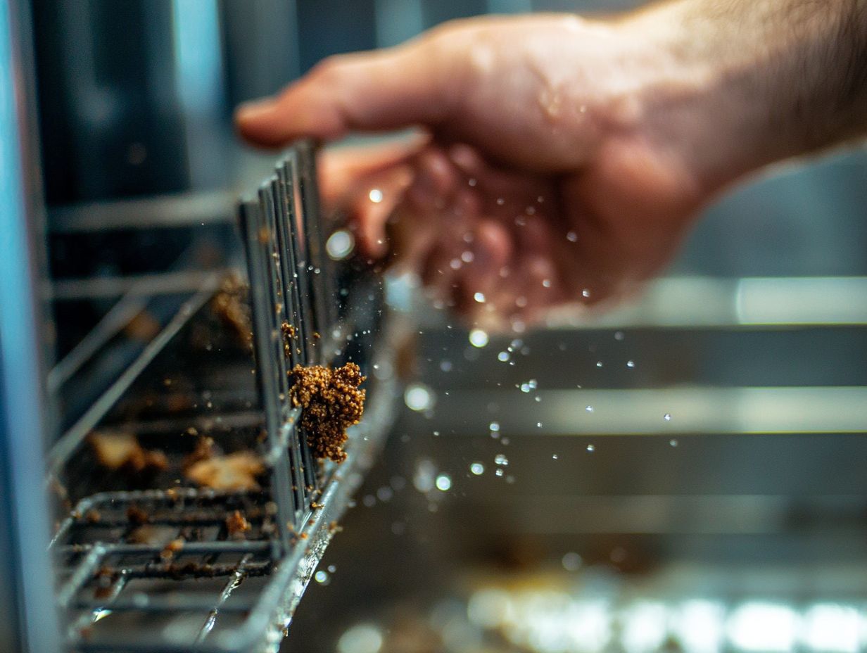 Close-up of a dirty dishwasher filter