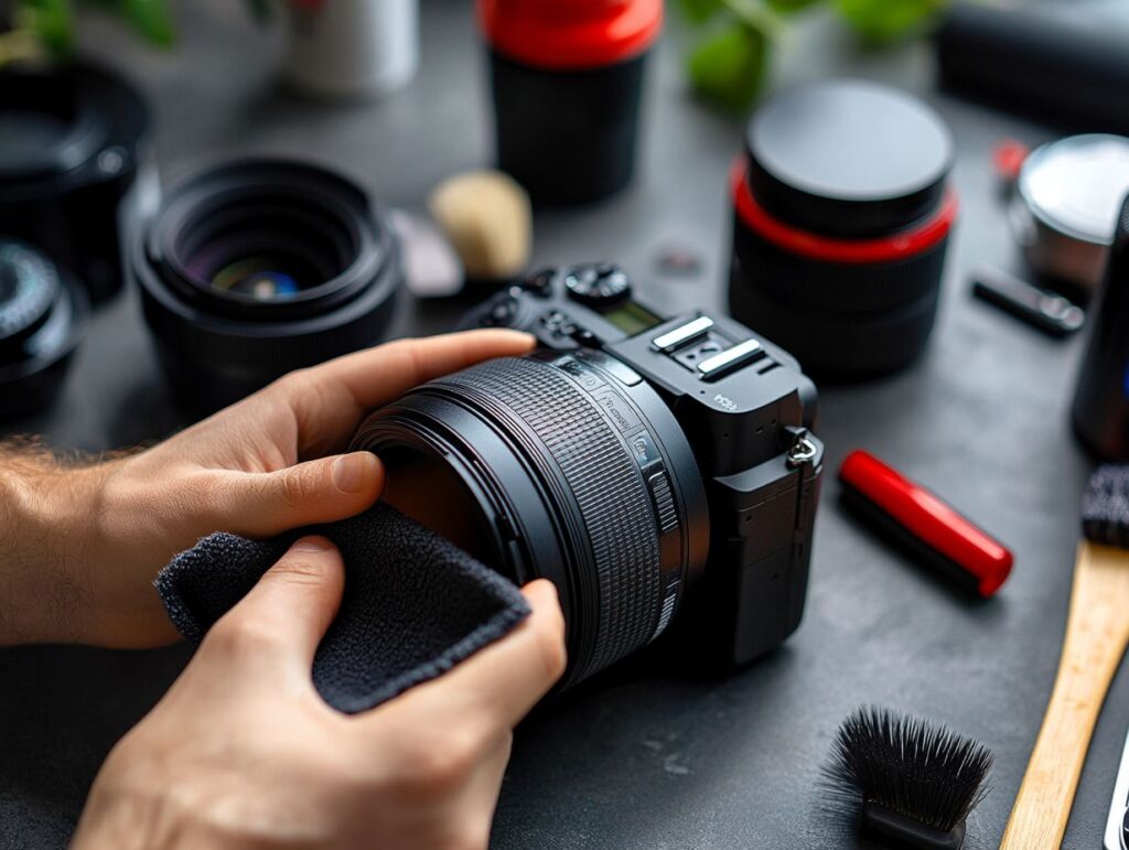 A person cleaning the lense of a professional camera