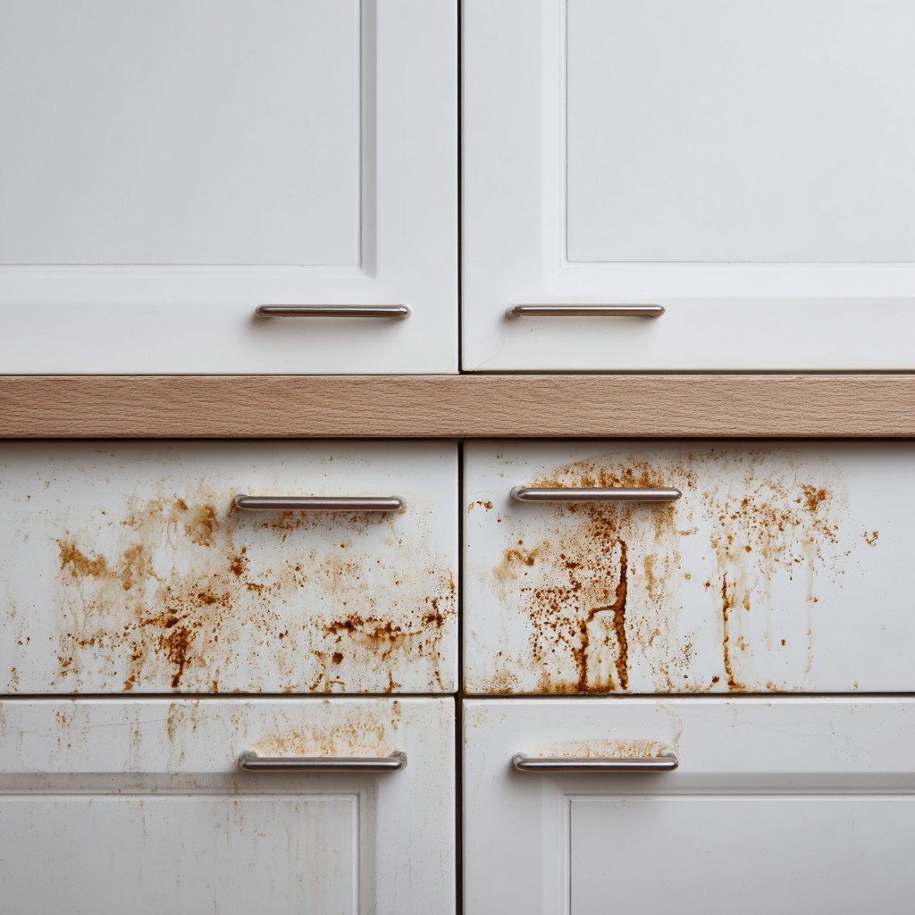 greasy sticky food residue on kitchen cupboard doors in a small London flat kitchen