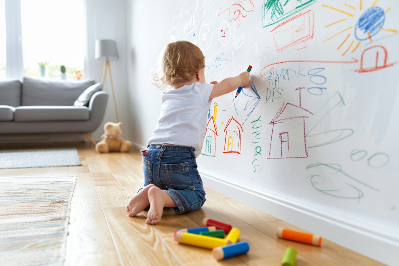 toddler crayon drawings scribbled all over a painted living-room wall in a London apartment