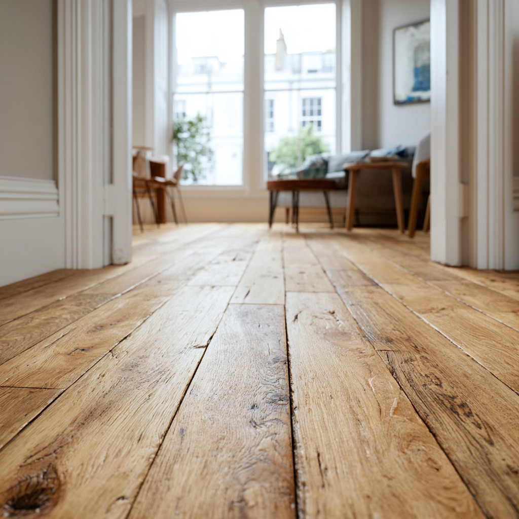 a clean but slightly worn wooden floor inside a spacious London apartment, natural oak floorboards with light scratches